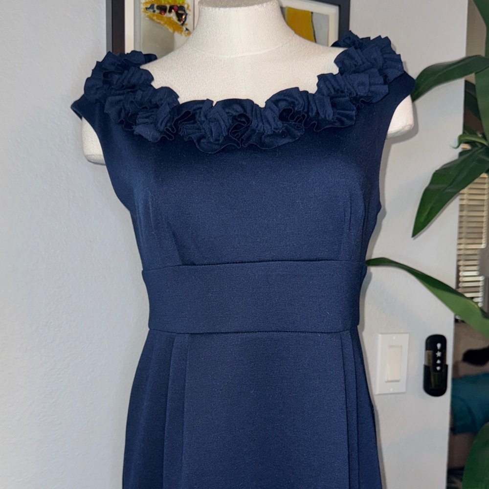 London Times Strapless Navy Dress ruffle-bust 18” stretches to 20, waist 15 1/2